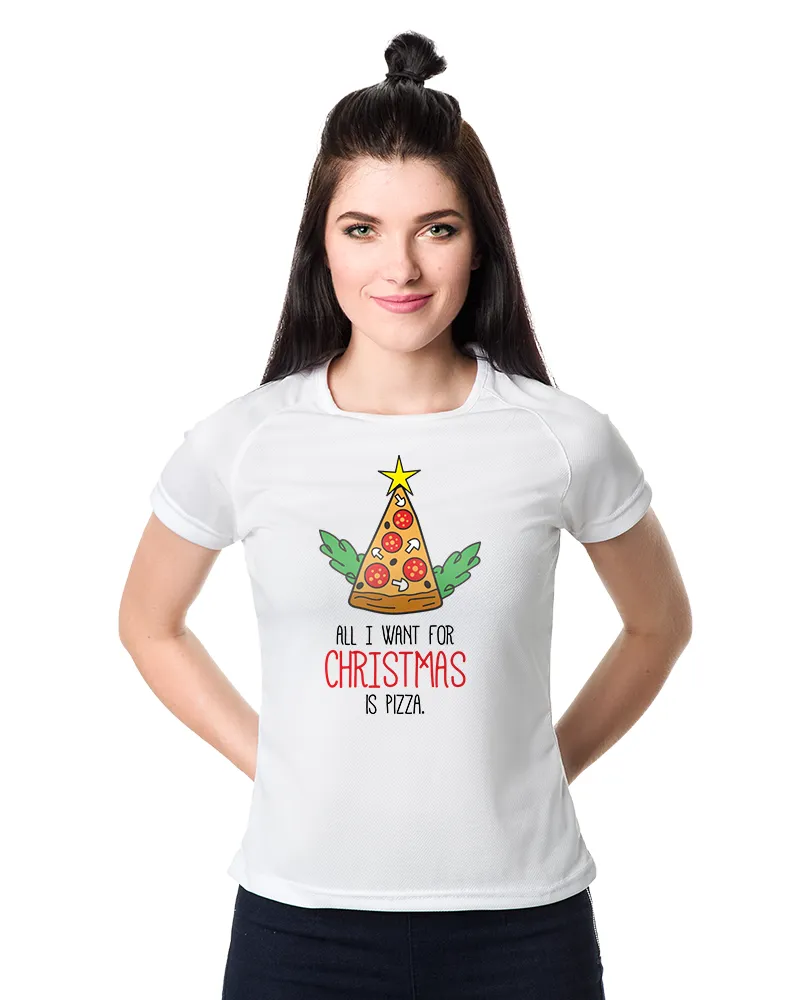 Damska Koszulka sportowa Biała All I want for Christmas is Pizza