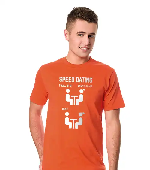 Koszulka męska z krótkim rękawem pomarańczowa z własnym nadrukiem speed dating 8 ball or 9