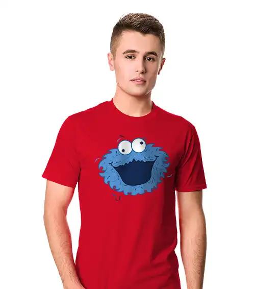 Koszulka męska z krótkim rękawem koloru czaerwonego z nadrukiem ciasteczkowy potwór