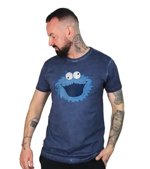 Koszulka męska z krótkim rękawem vintage koloru granatowego z nadrukiem ciasteczkowy potwór