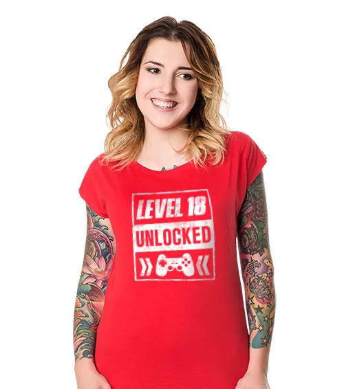 Koszulka damska z nadrukiem lvl 18 unlocked w kolorze czerwonym