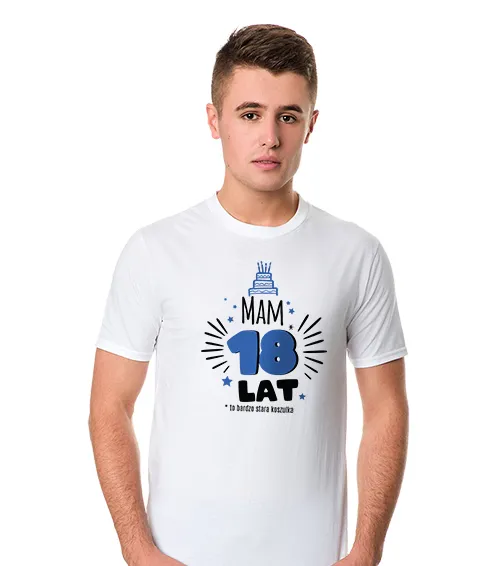 Koszulka męska z nadrukiem 18 lat w kolorze białym