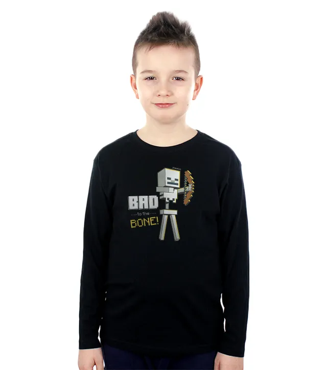 koszulka dziecięca z długim rękawem ze wzorem Skeleton Mincraft w kolorze czarnym