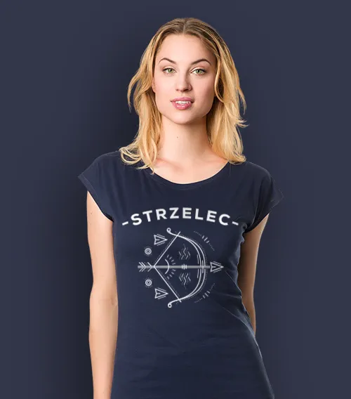 Koszulka damska z krótkim rękawem w kolorze granatowym z nadrukiem znaku zodiaku strzelec