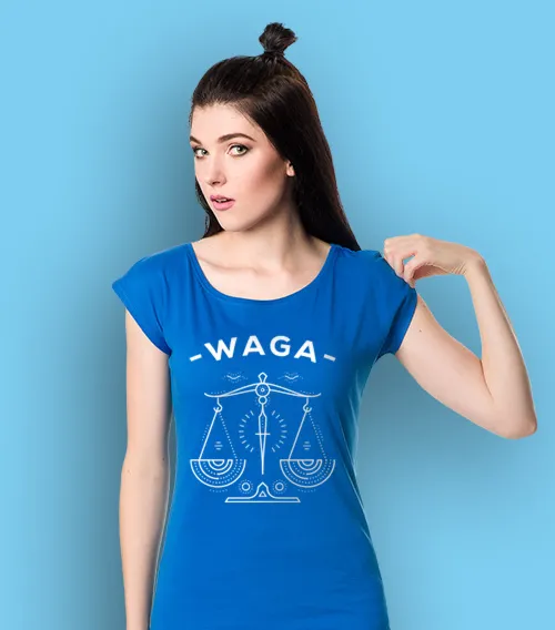 Koszulka damska z krótkim rękawem w kolorze niebieskim z nadrukiem znak zodiaku waga