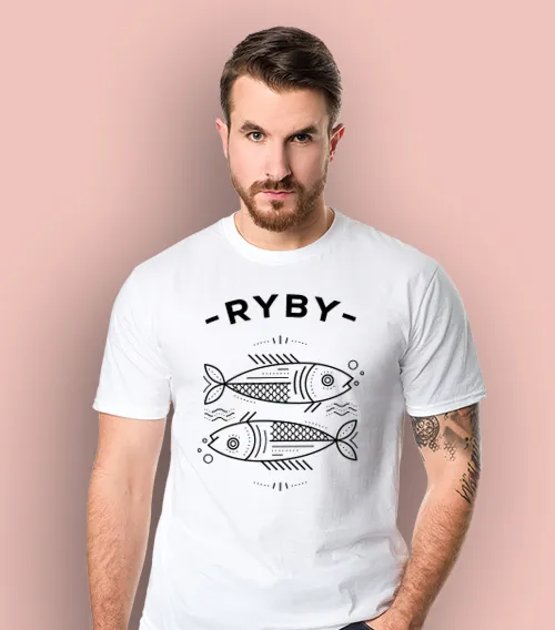 Koszulka męska z krótkim rękawem w kolorze białym z nadrukiem znaku zodiaku ryby