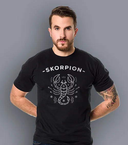 Koszulka męska z krótkim rękawem w kolorze czarnym z nadrukiem znaki zodiaku skorpion