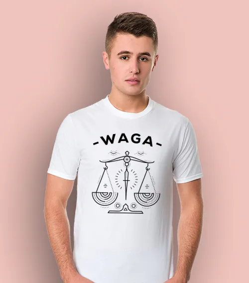 Koszulka męska z krótkim rękawem w kolorze białym z nadrukiem znak zodiaku waga