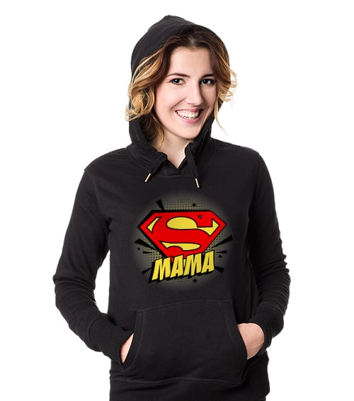 Bluza damska z kapturem w kolorze czarnym z nadrukiem Super mama