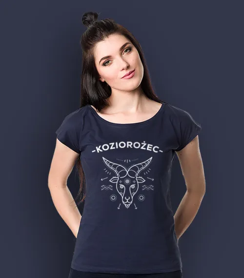 Koszulka damska z krótkim rękawem w kolorze granatowym z nadrukiem znak zodiaku Koziorożec