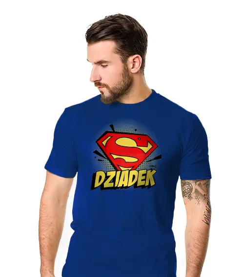 Koszulka męska z krótkim rękawem w kolorze chabrowym z nadrukiem Super Dziadek