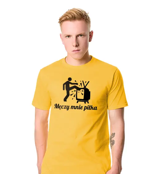 Koszulka męska z krótkim rękawem w kolorze żółtym z nadrukiem męczy mnie piłka