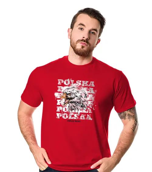 Koszulka męska z krótkim rękawem w kolorze czerwonym z nadrukiem polska zawsze wierni